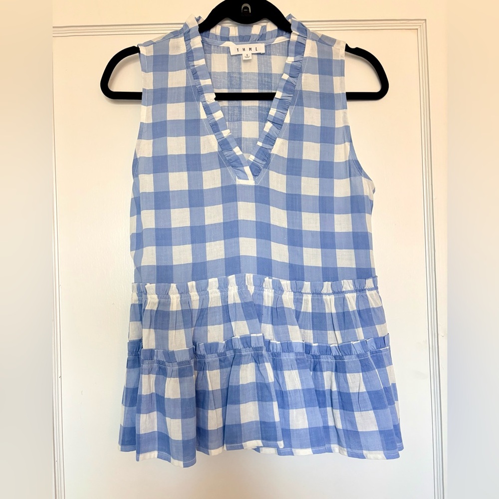 THML Light Blue Checkered Ruffle Top - Picture 3 of 6